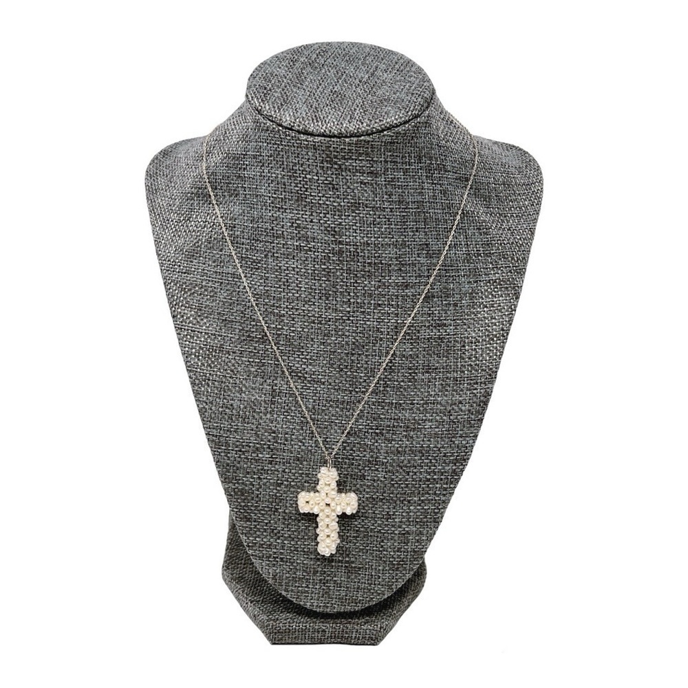 White Pearl Cluster Cross 4mm Cultured Freshwater Pearls & Sterling Silver Chain